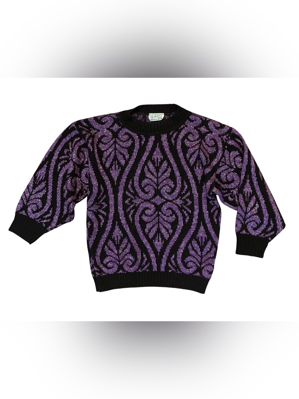 Vintage 80s G.F.C. Ltd Purple Black Metallic Knit Crewneck Acrylic Sweater